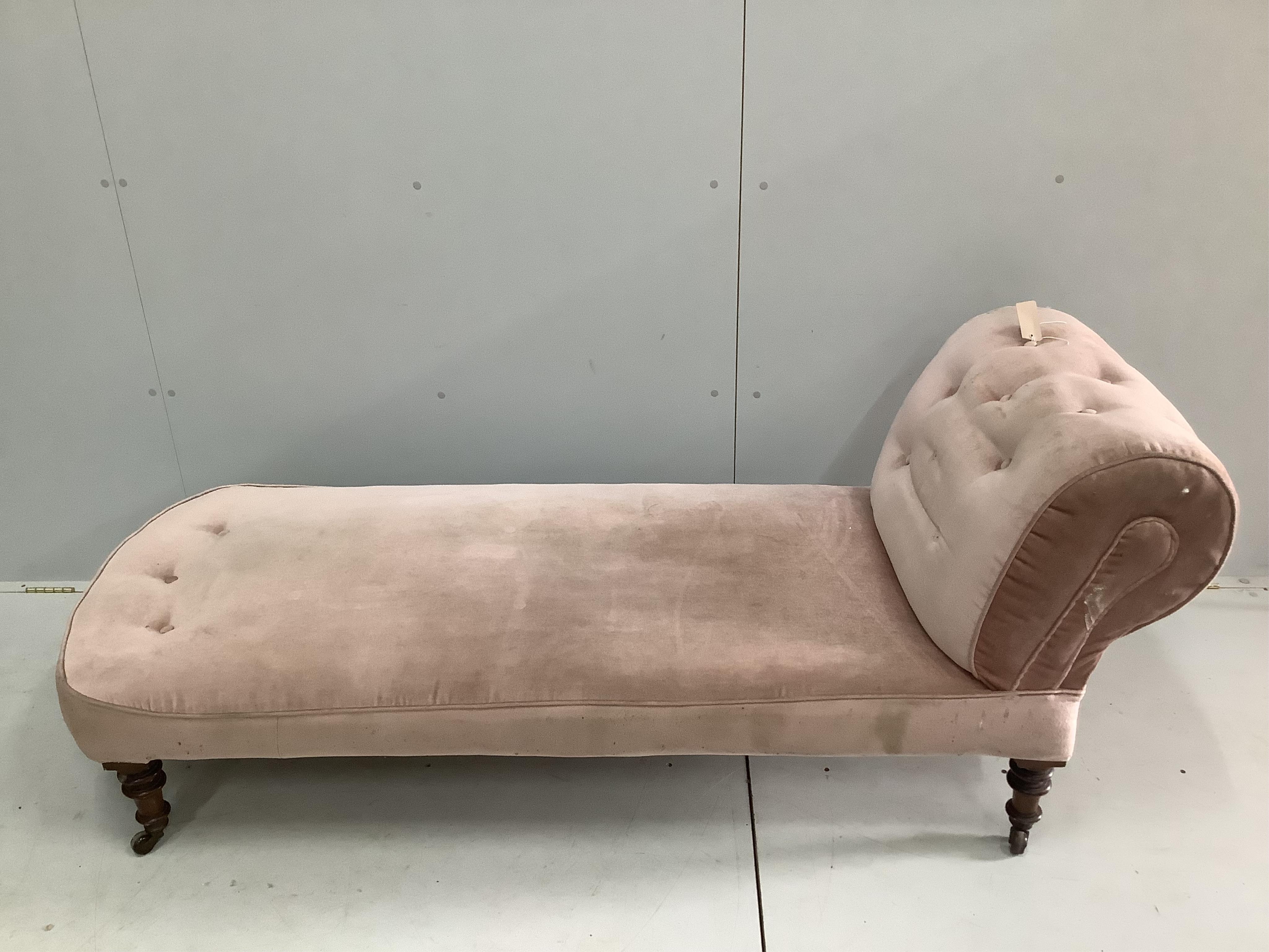 A late Victorian upholstered daybed, width 180cm, depth 66cm, height 71cm. Condition - fair